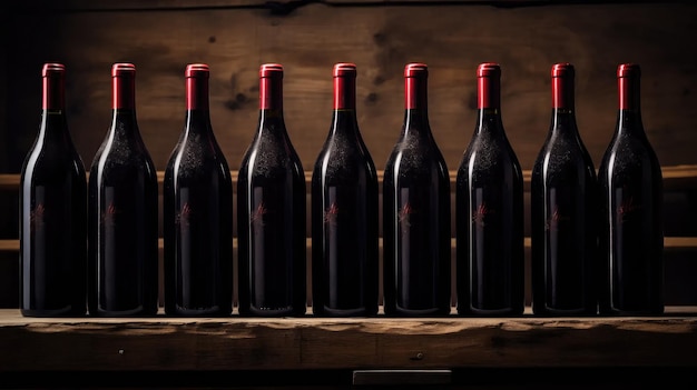 closeup view of red wine bottles on a vintage wooden shelf Perfect for conveying the rustic winery atmosphere and the essence of winemaking tradition