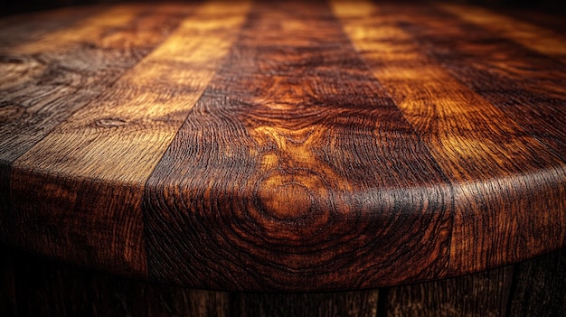 closeup view of a round wooden cutting board with a rich dark brown wood grain