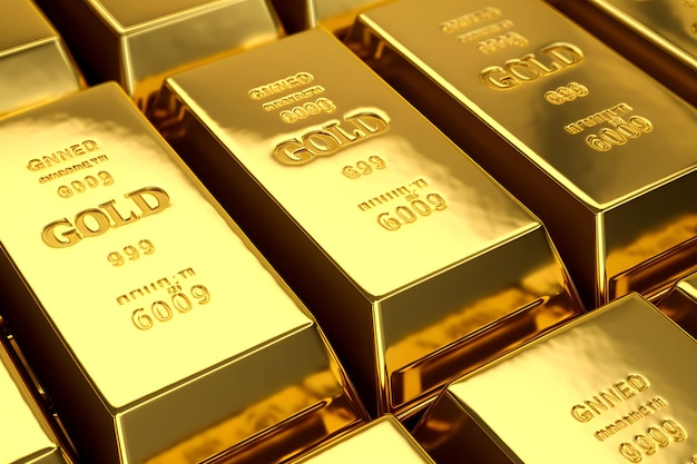 Closeup view of rows of shiny gold bars concept of banking finance and ultimate wealth