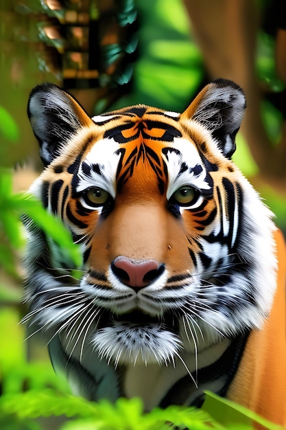 A closeup view of a royal bengol tiger in its natural habitat surrounded by a lush forest