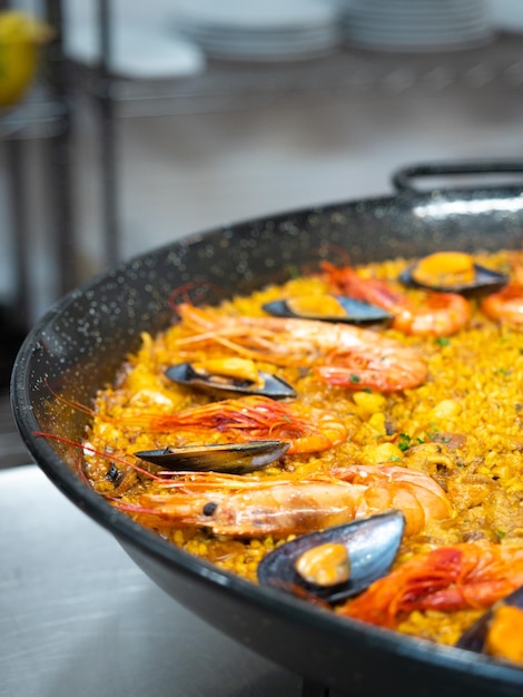 Closeup view of sea food paella Traditional Spanish regional cuisine Valencia