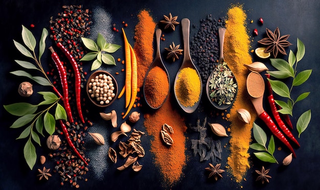A closeup view of a selection of spices carefully arranged on a black surface to highlight their unique qualities