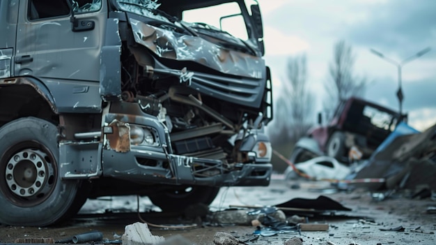 Photo a closeup view of a severely damaged truck in a multivehicle accident with debris scattered all
