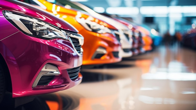 A closeup view of a shiny red car in a showroom with other vehicles in the background The focus is on the front headlight and grille area