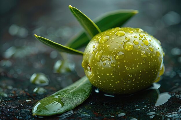 A closeup view of a single olive with its wrinkled skin smooth pit and vibrant green color