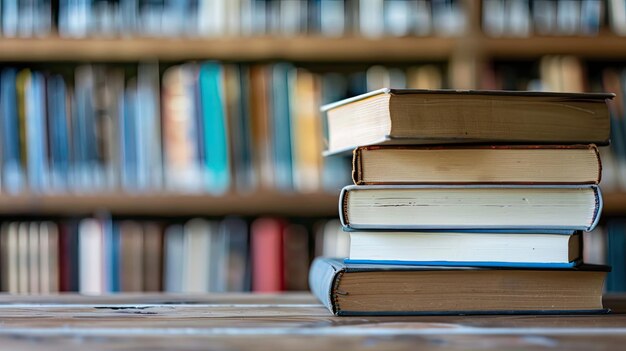 Photo closeup view of a stack of hardcover books on a wooden table in a library setting with blurred bookshelves in the background