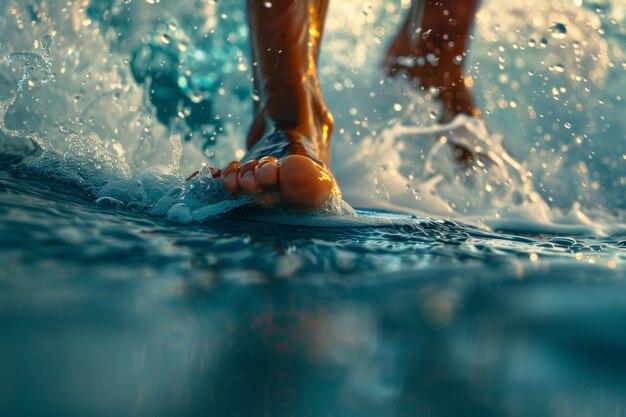 Closeup view of a surfers feet balanced on a surfboard cutting through ocean waves