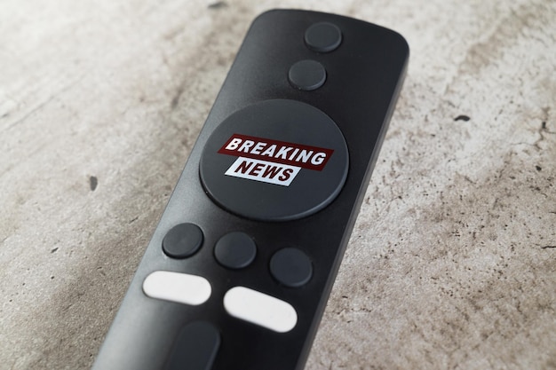 Closeup view of the television remote with breaking news inscription