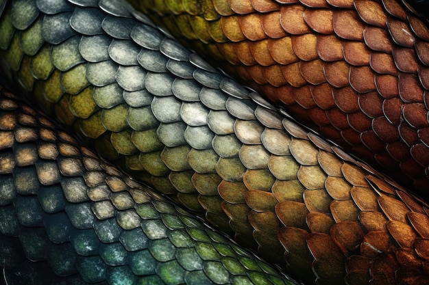 Closeup view of a textured green snake skin Generative AI