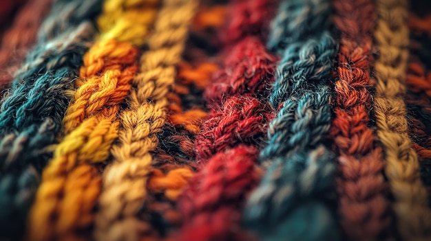 closeup view of textured knit sweater showcasing warm yarn colors