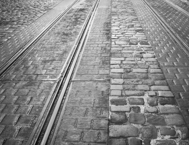 Closeup view of tram rails