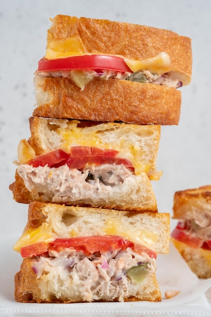 A closeup view of a tuna melt sandwich