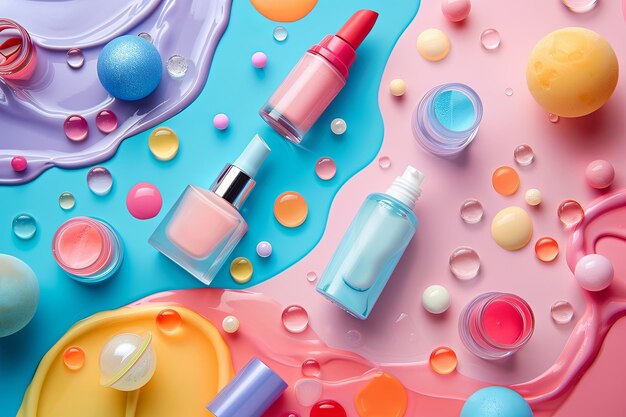 Photo closeup view of a variety of cosmetic items arranged on a vibrant colorful surface generative ai