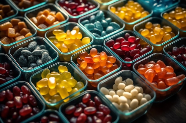 Closeup view of various colorful candy jelly beans and gummy in clear plastic containers oral health and obesity concept ai generative