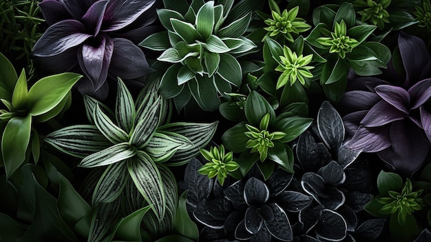 closeup view of various kinds of plants plant background with dark natural appearance