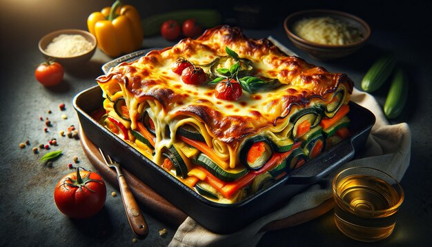 closeup view of vegetables baked with cheese in a pan resembling a lasagna