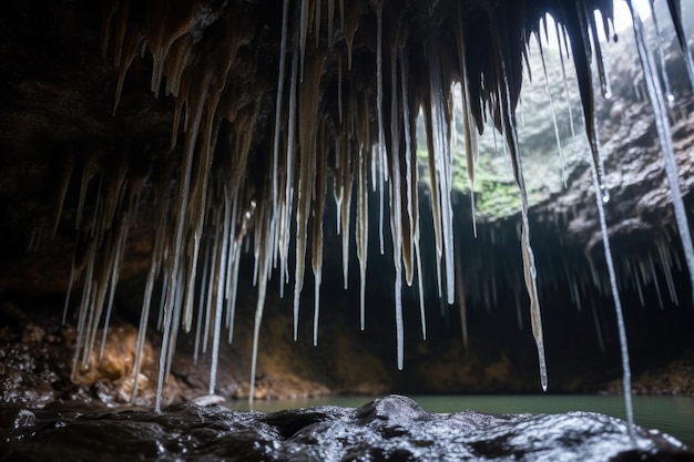 Foto vista in primo piano delle gocce d'acqua che cadono dalle stalattiti delle caverne