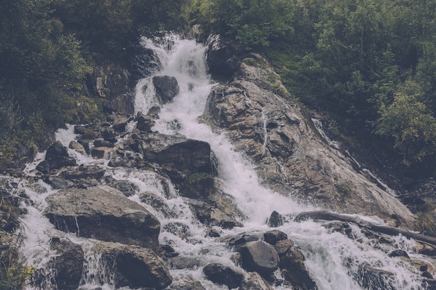 Closeup view waterfall scene in mountains, national park of Dombay, Caucasus, Russia. Summer landscape, sunshine weather and sunny day