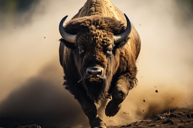 In a closeup view a wild bison gallops with majestic strength