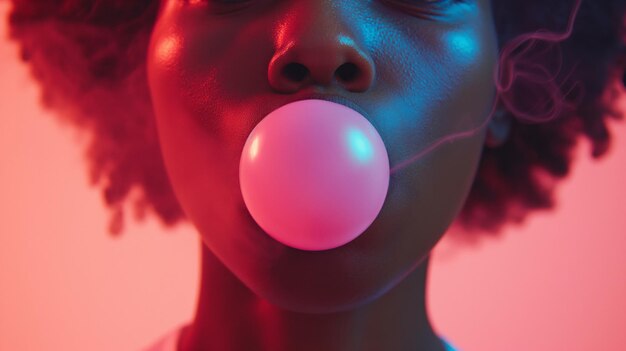 Closeup view woman blowing a large pink bubble with bubblegum