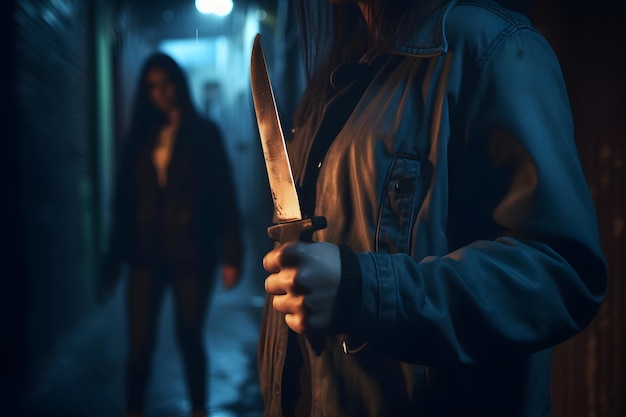 Foto vista ravvicinata di una donna che tiene un coltello in mano in un vicolo buio rete neurale generata nel maggio 2023 non basata su alcuna scena o modello di persona reale