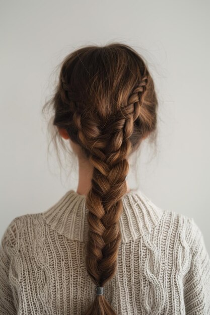 Closeup view of a woman showcasing a detailed fishtail braid against a neutral background