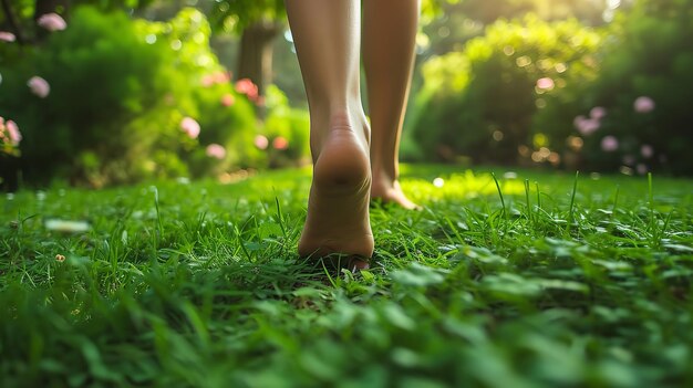 A closeup view of a woman strolling barefoot across verdant lawn with sun rays space Generative AI