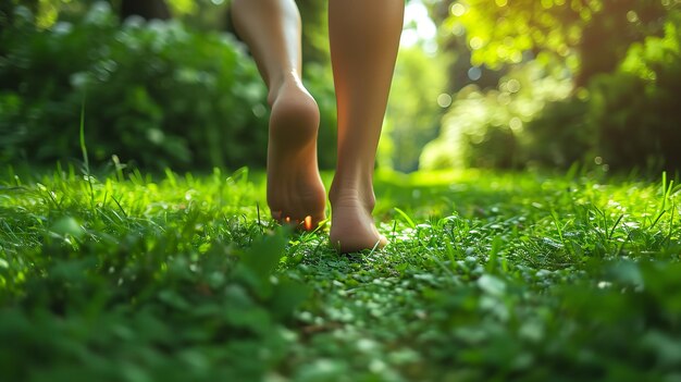 太陽光線のある緑豊かな芝生の上を裸足で散歩する女性のクローズアップビュー スペースジェネレーティブ AI