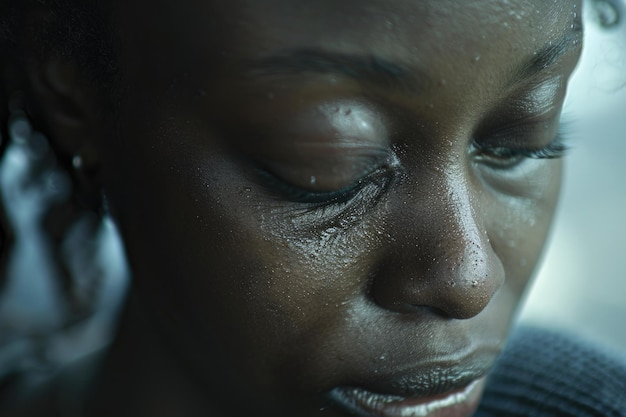 A closeup view of a woman with tears streaming down her face expressing profound sadness and deep emotions