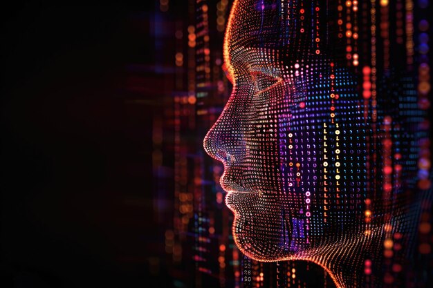 A closeup view of a womans face as she stands in front of a digital background depicting a cityscape binary code forming the outline of a face ai generated