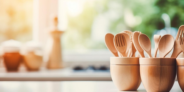 closeup view of wooden cooking utensils and cookware on table in kitchen Generative AI