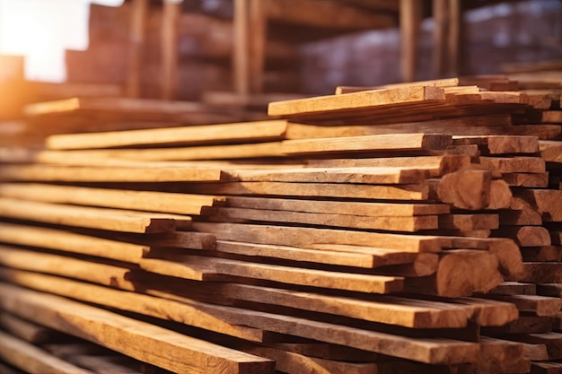 Closeup view of wooden planks at a lumber warehouse ai generative