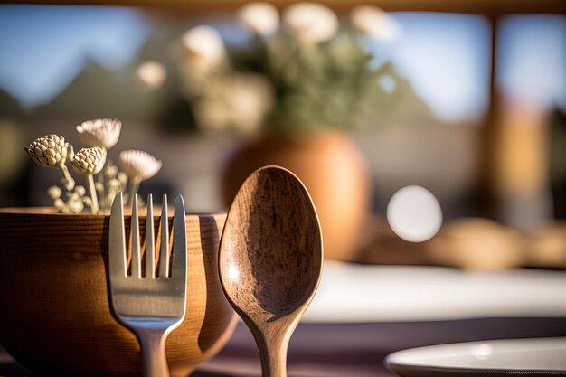 Closeup view of wooden tableware with a blurred background Kitchen spoon and fork