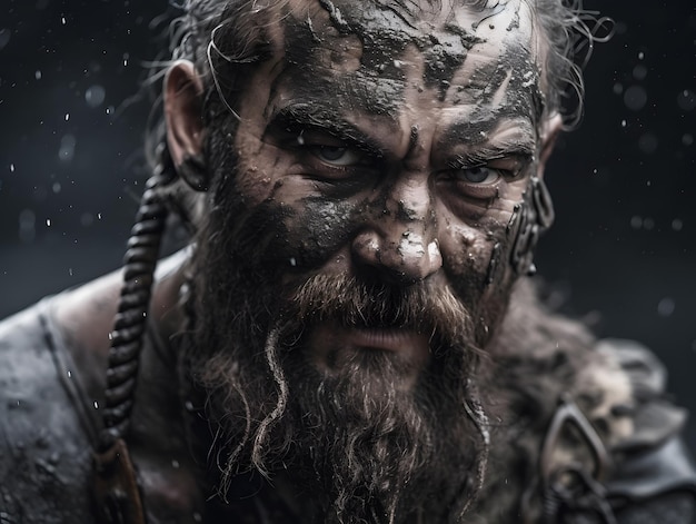 Closeup of Viking King emerging from wet black mud