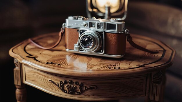 Closeup of vintage camera on wooden table