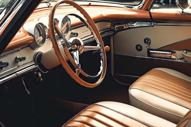 Closeup of vintage car interior with classic leather seats and chrome accents