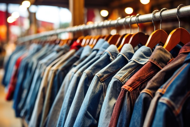 Клоуз-ап винтажных джинсовых курток на стойке магазина