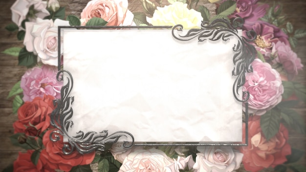 Closeup vintage frame with flowers, wedding background. Elegant and luxury pastel style 3D illustration