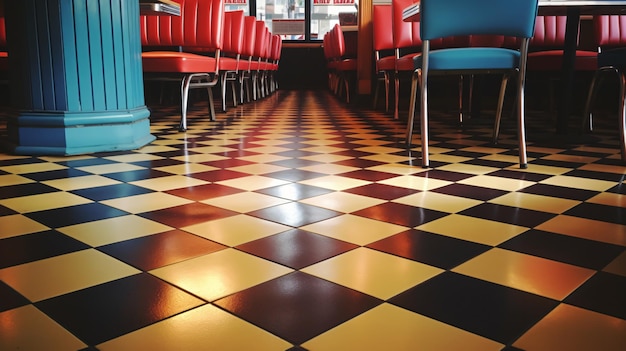 Closeup of a vintage ice cream parlor's checkerboard floor tiles highlighting the retro pattern