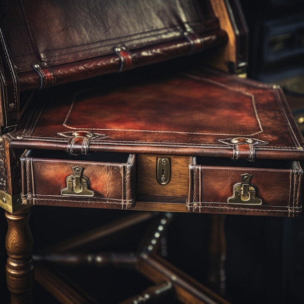 A closeup of a vintage leather writing desk