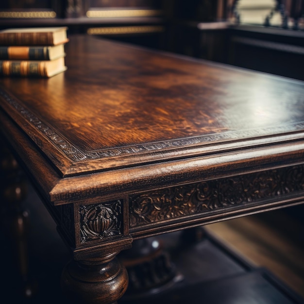 A closeup of a vintage library table