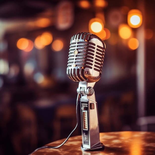 Closeup of a vintage microphone on stage AI