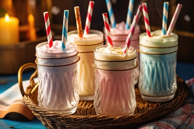 Closeup of vintage milkshake glasses with striped straws created with generative ai