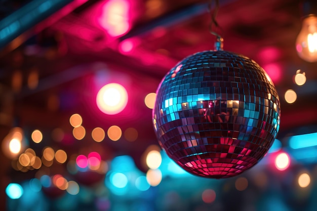 Photo closeup vintage reflective disco ball hanging ceiling dark purple blue illuminated nightclub