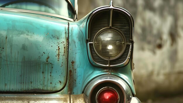 A closeup of a vintage turquoise cars tailfin and headlight