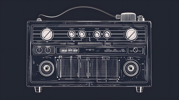 A closeup of a vintagestyle radio with a black background The radio has a white outline and is in the center of the image