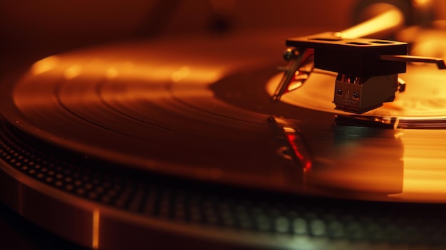 Closeup of a vinyl record player evoking a nostalgic and warm atmosphere