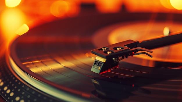 Closeup of a vinyl record playing on a turntable with a needle highlighted by warm ambient lighting