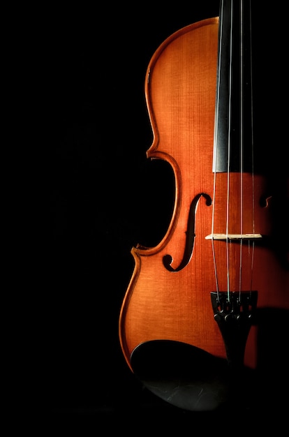 Strumenti musicali dell'orchestra del violino del primo piano su fondo nero