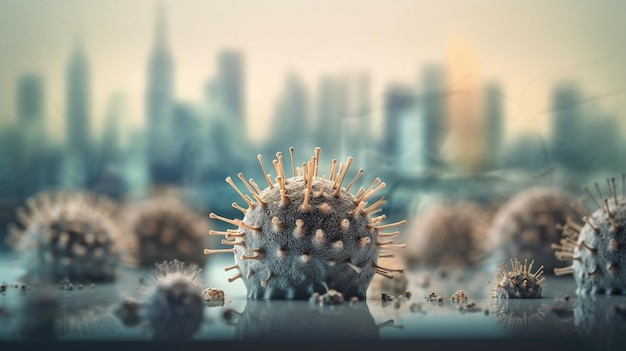 Closeup of a viral microbe with a blurred cityscape background generated by Generative AI